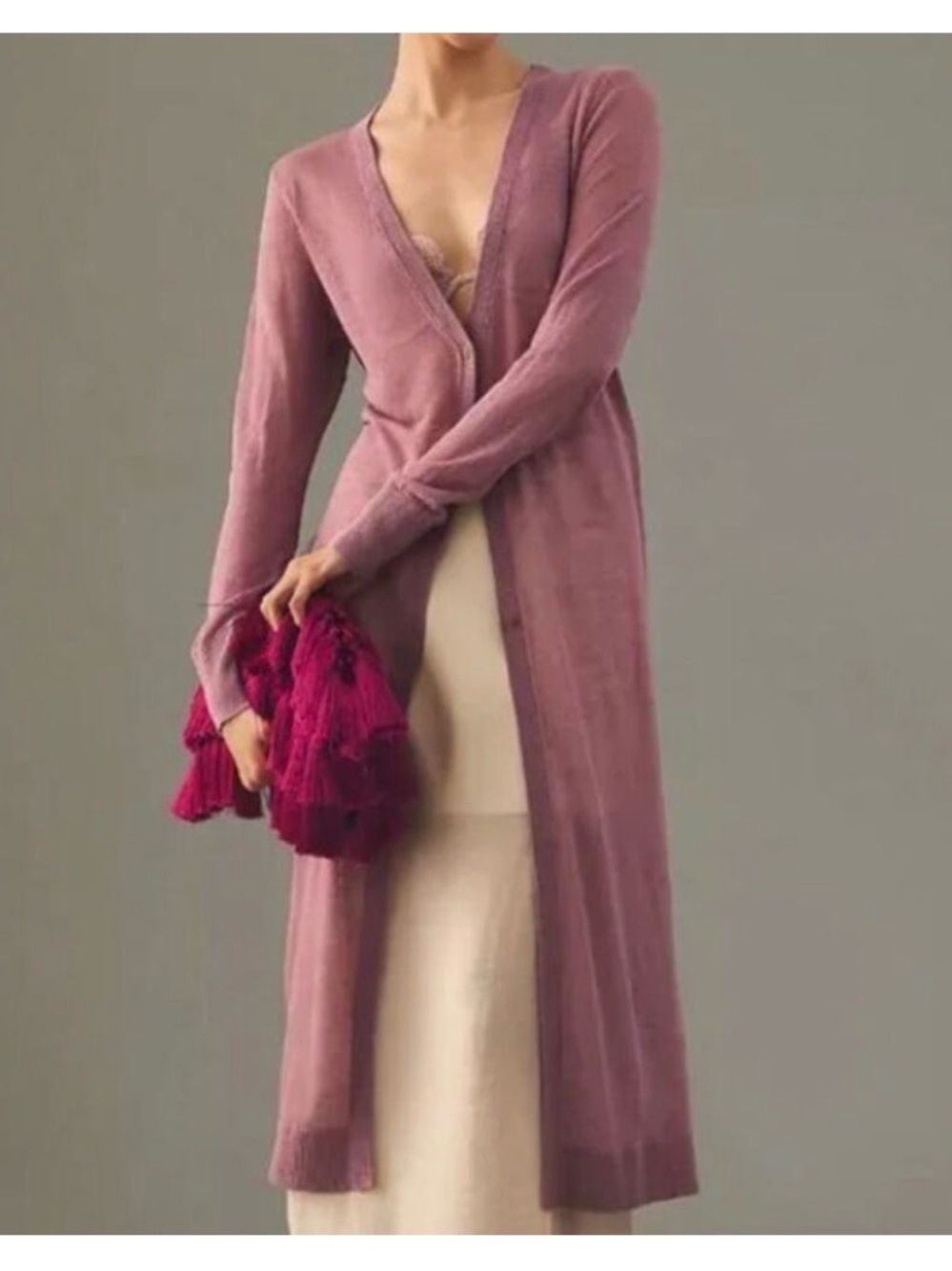 Maeve for Anthropologie Linen Duster Cardigan Mauve Longline Topper Medium